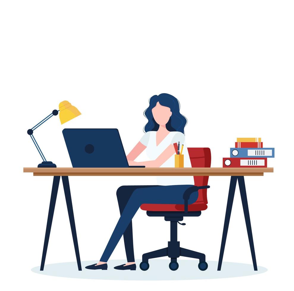 A young woman secretary working at the computer in office. workflow process. administrative administration. business administration. Illustrated by vector