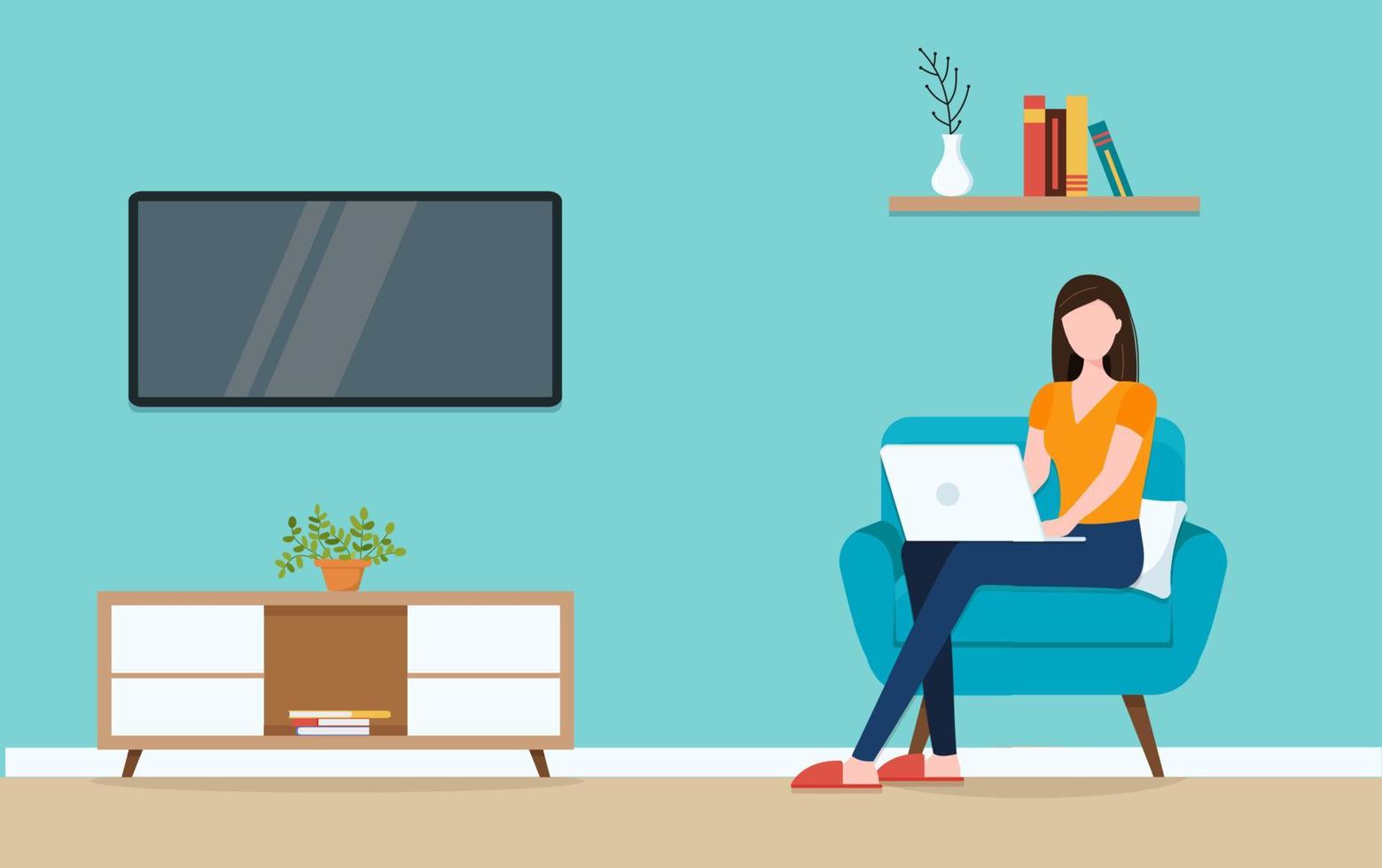 A woman working with computers, home office or freelancer. She can be an employee of the company for computer and student work in her own home office. Service, call center and support. vector