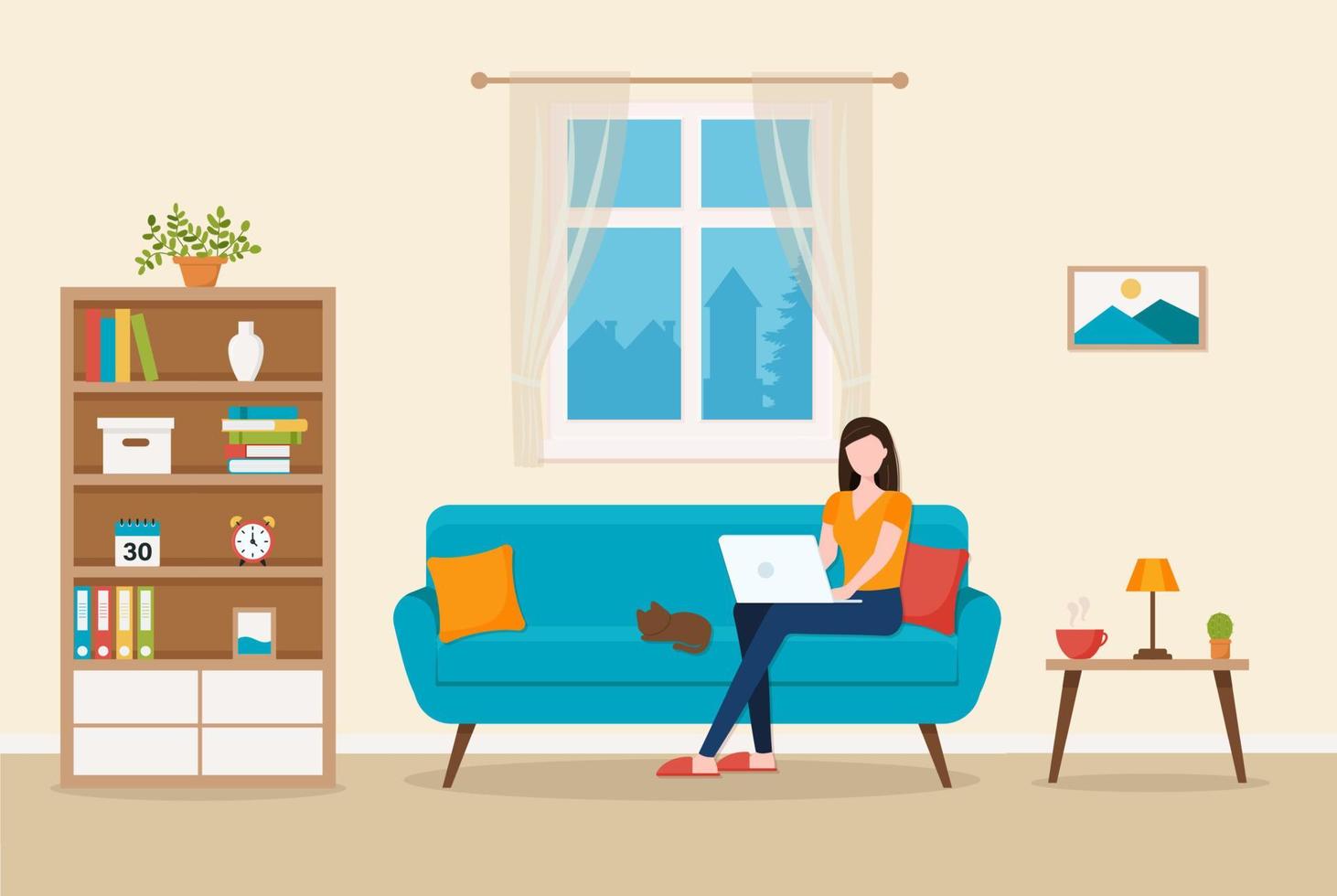 A woman working with computers, home office or freelancer. She can be an employee of the company for computer and student work in her own home office. Service, call center and support. vector