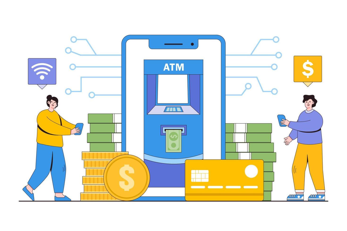 Flat mobile atm withdrawal with people characters concept. Outline design style minimal vector illustration for landing page, web banner, infographics, hero images.