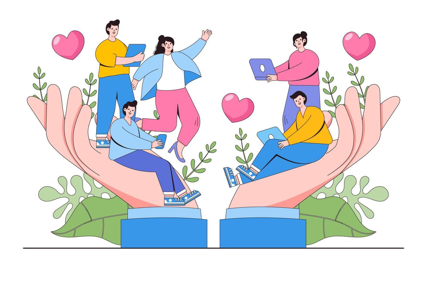 Flat office employees working in caring hands concept. Outline design style minimal vector illustration for landing page, web banner, infographics, hero images.