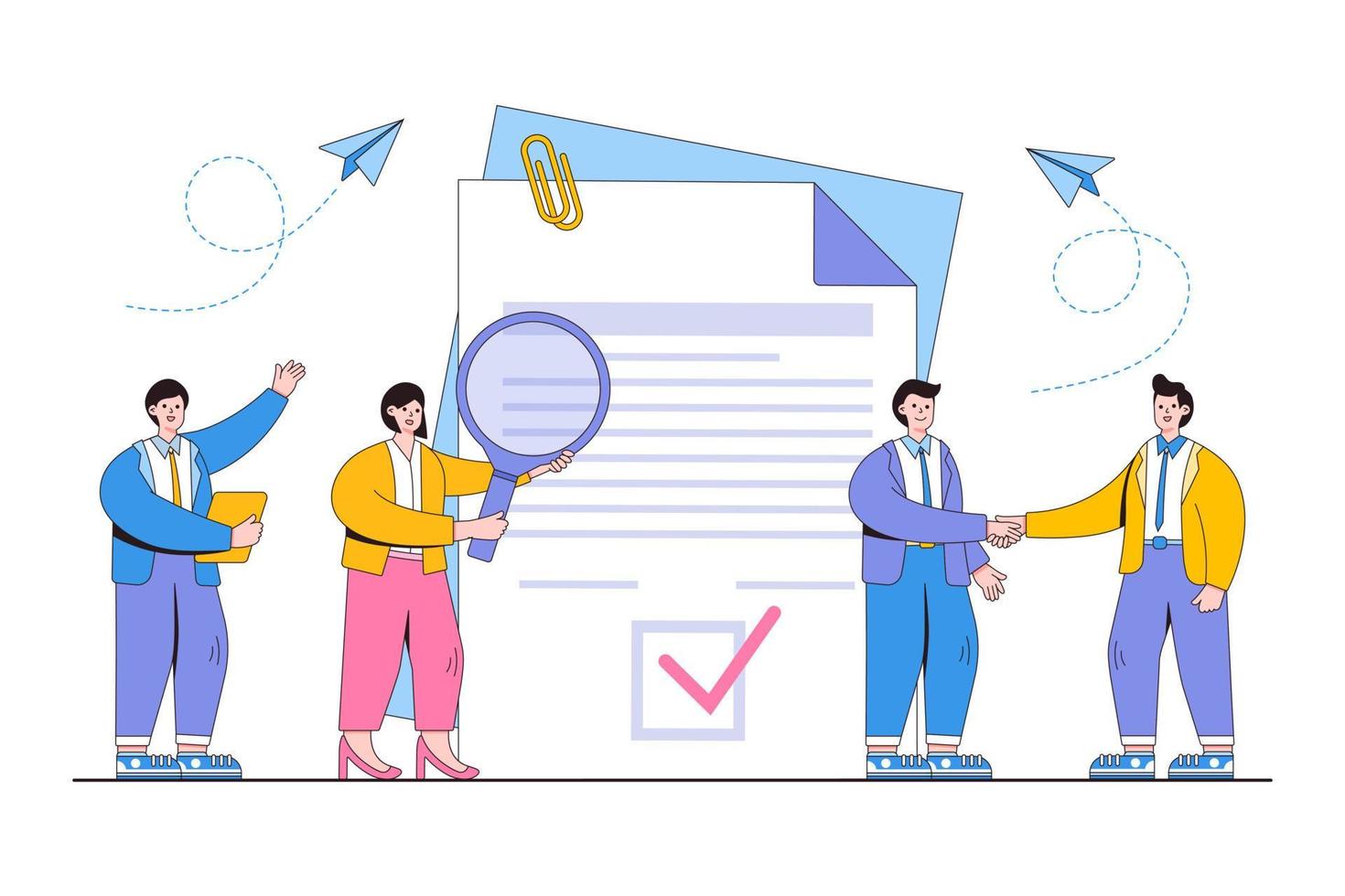 Flat business people reading legal document with people characters concept. Outline design style minimal vector illustration for landing page, web banner, infographics, hero images.