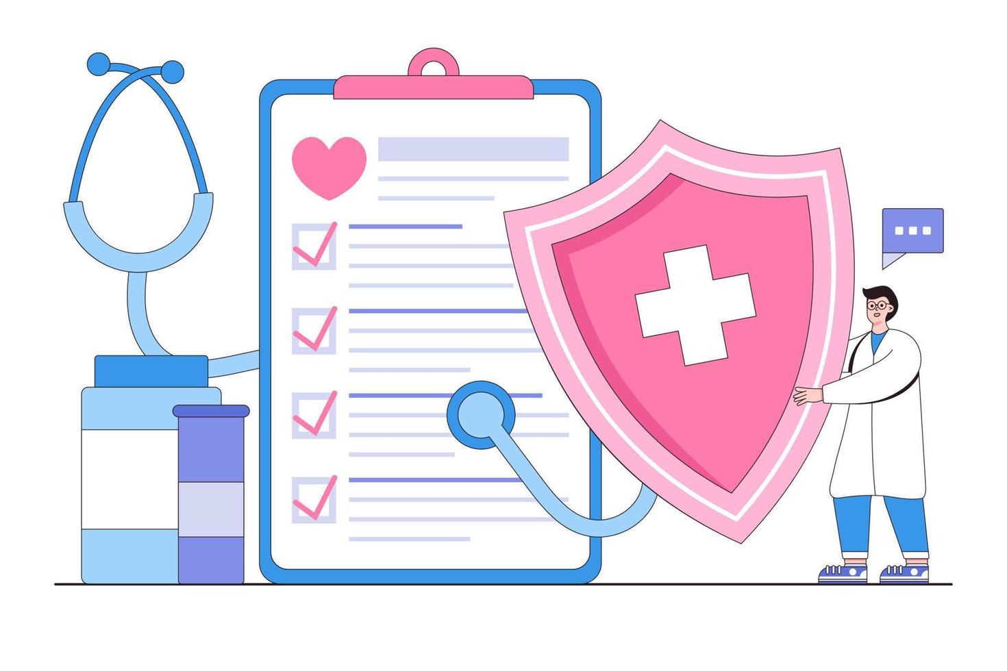 Flat health insurance claim form and protective shield concept. Outline design style minimal vector illustration for landing page, web banner, infographics, hero images.