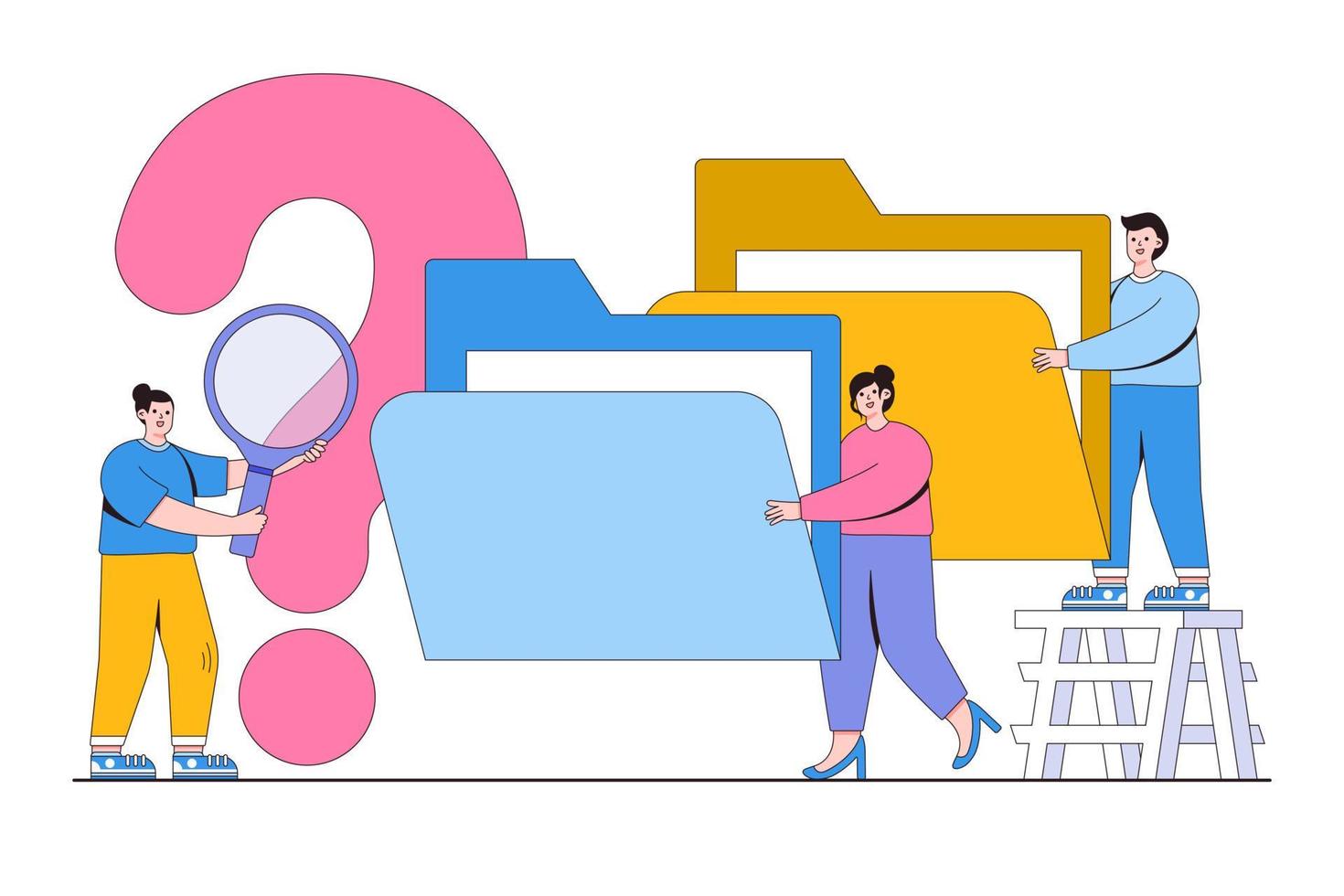 Flat characters of people searching through files concept. Outline design style minimal vector illustration for landing page, web banner, infographics, hero images.