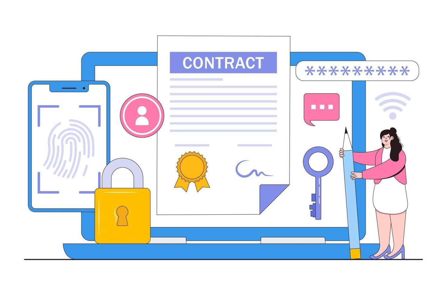 Flat smart contract with people characters concept. Outline design style minimal vector illustration for landing page, web banner, infographics, hero images.