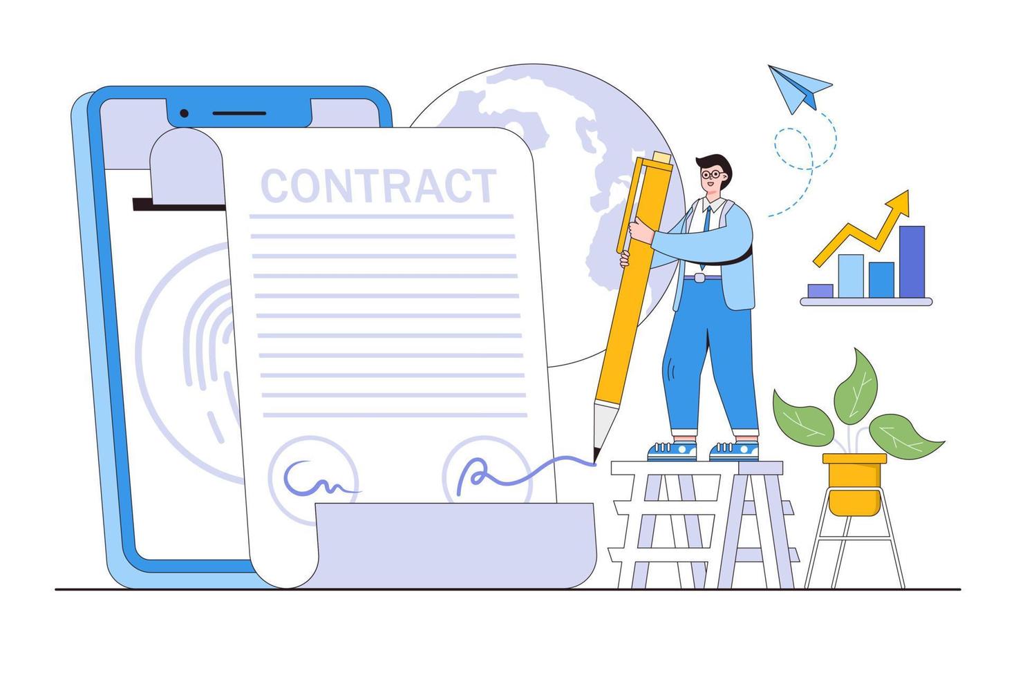 Flat electronic contract with people characters concept. Outline design style minimal vector illustration for landing page, web banner, infographics, hero images.