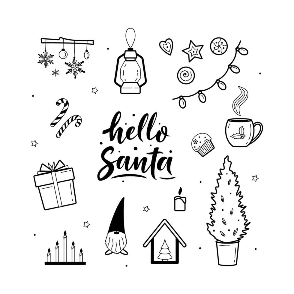 Big set of hygge and christmas cozy elements. Hello Santa lettering. Winter elements for greeting cards, posters, stickers and seasonal design. Isolated on white background. Winter decorations vector