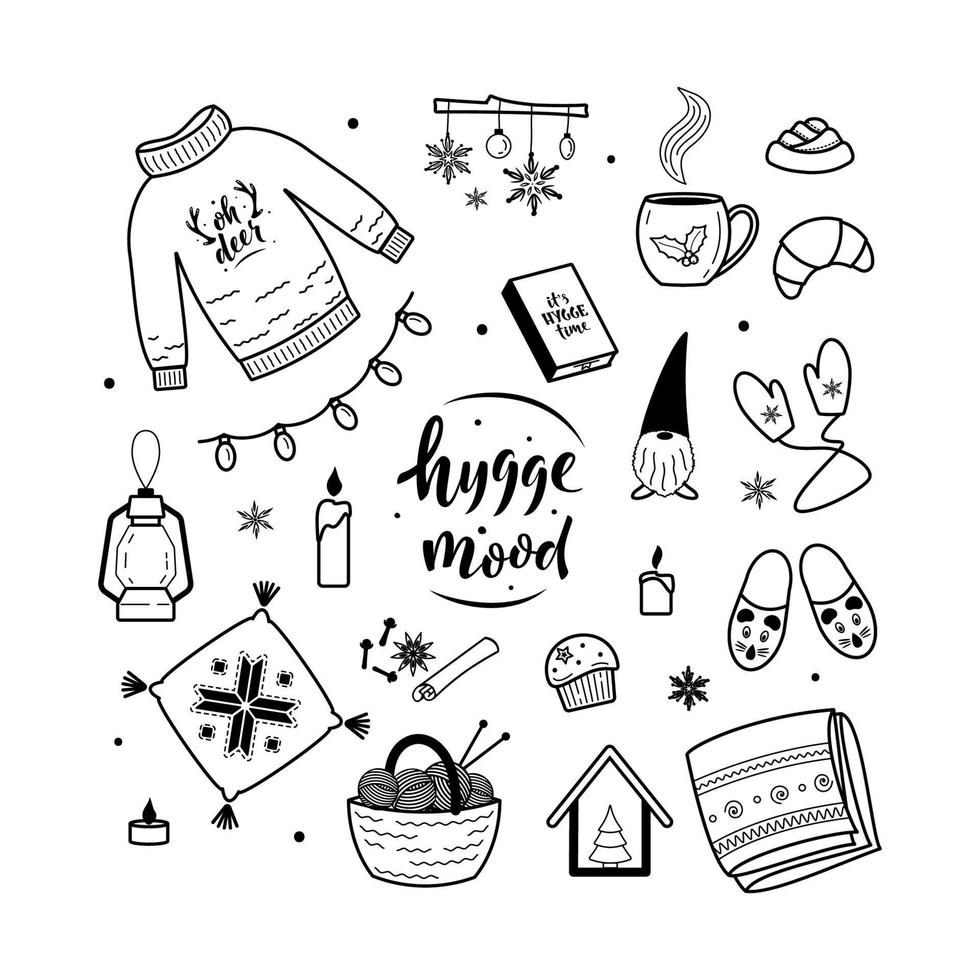 Big set of hygge lifestyle cozy elements. Hygge mood. Winter elements for greeting cards, posters, stickers and seasonal design. Isolated on white background. Christmas decorations vector