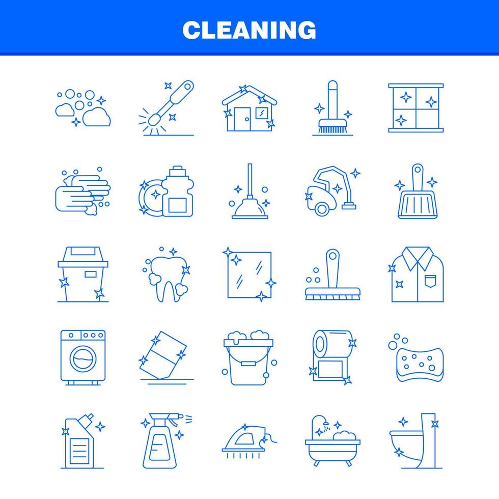 los iconos de la línea de limpieza establecidos para el kit de uxui móvil infográfico y el diseño de impresión incluyen el cepillado del cepillo, el émbolo, el baño, la herramienta del inodoro, el conjunto de iconos vectoriales vector