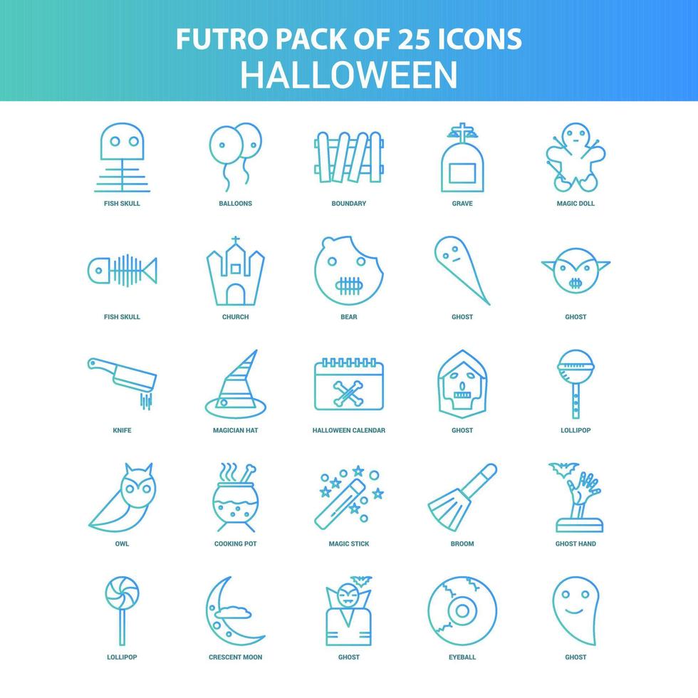 paquete de iconos de halloween futuro verde y azul de 25 vector