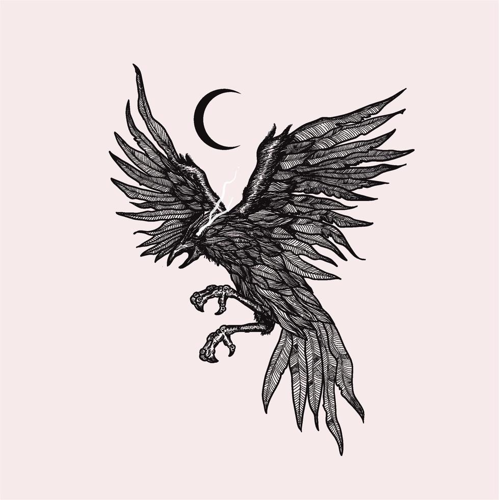 hand drawn raven flying and moon vector