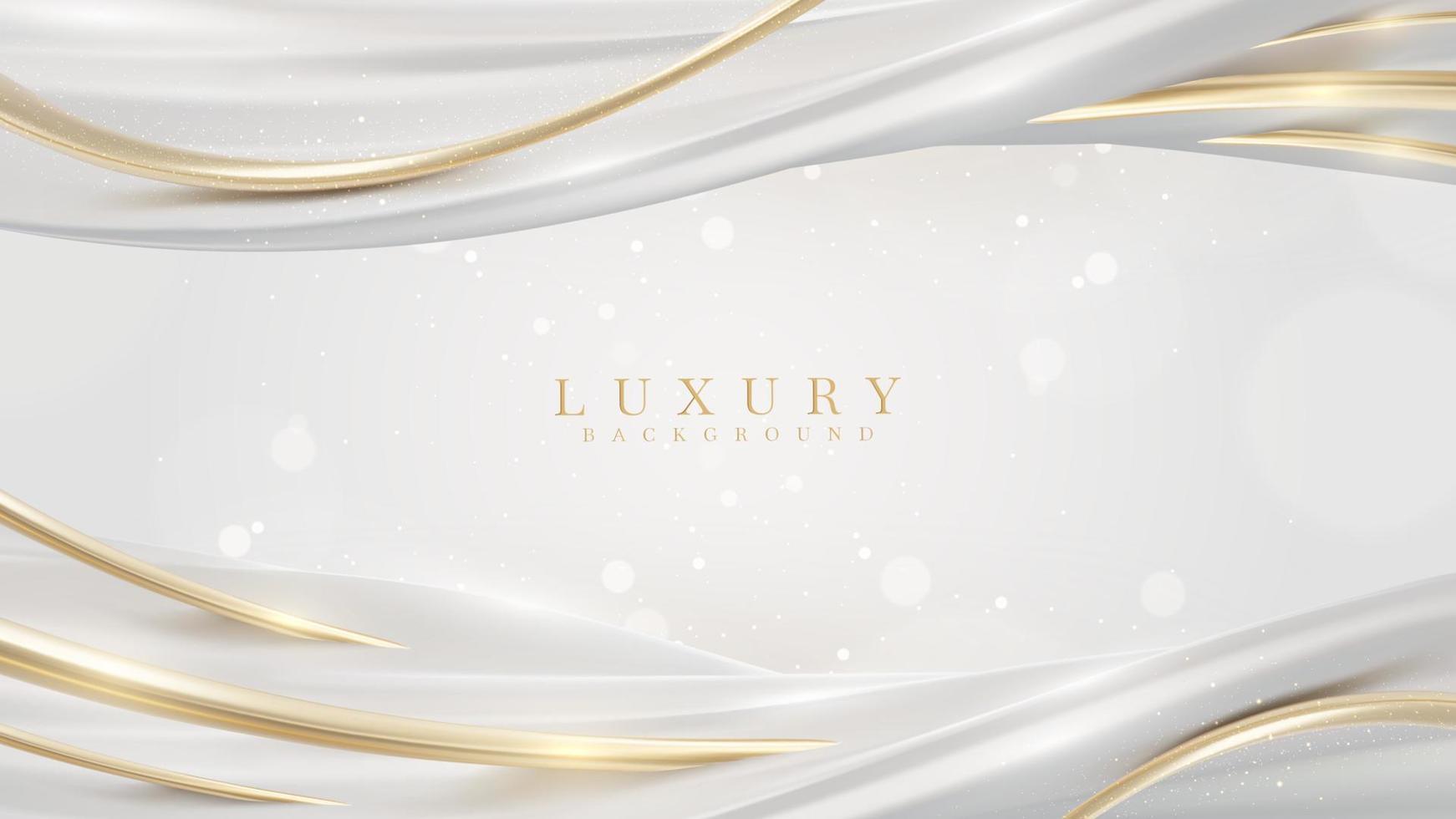 White background with golden curve line element and fluid with light effects decorations and bokeh. Realistic luxury modern design concept. Vector illustration.