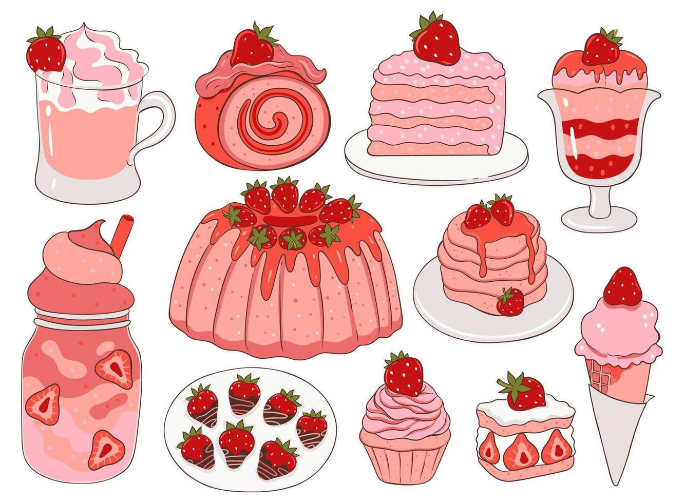 Set of strawberry desserts isolated on white background. Vector graphics.