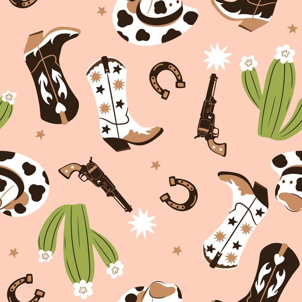 Cowboy seamless pattern with boots, hats, revolvers, horseshoes and cacti. Vector graphics.