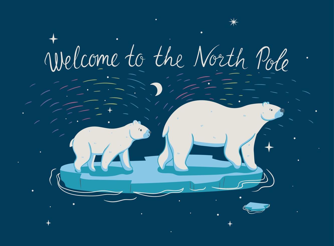 Postcard with polar bears and northern lights. Vector graphics.