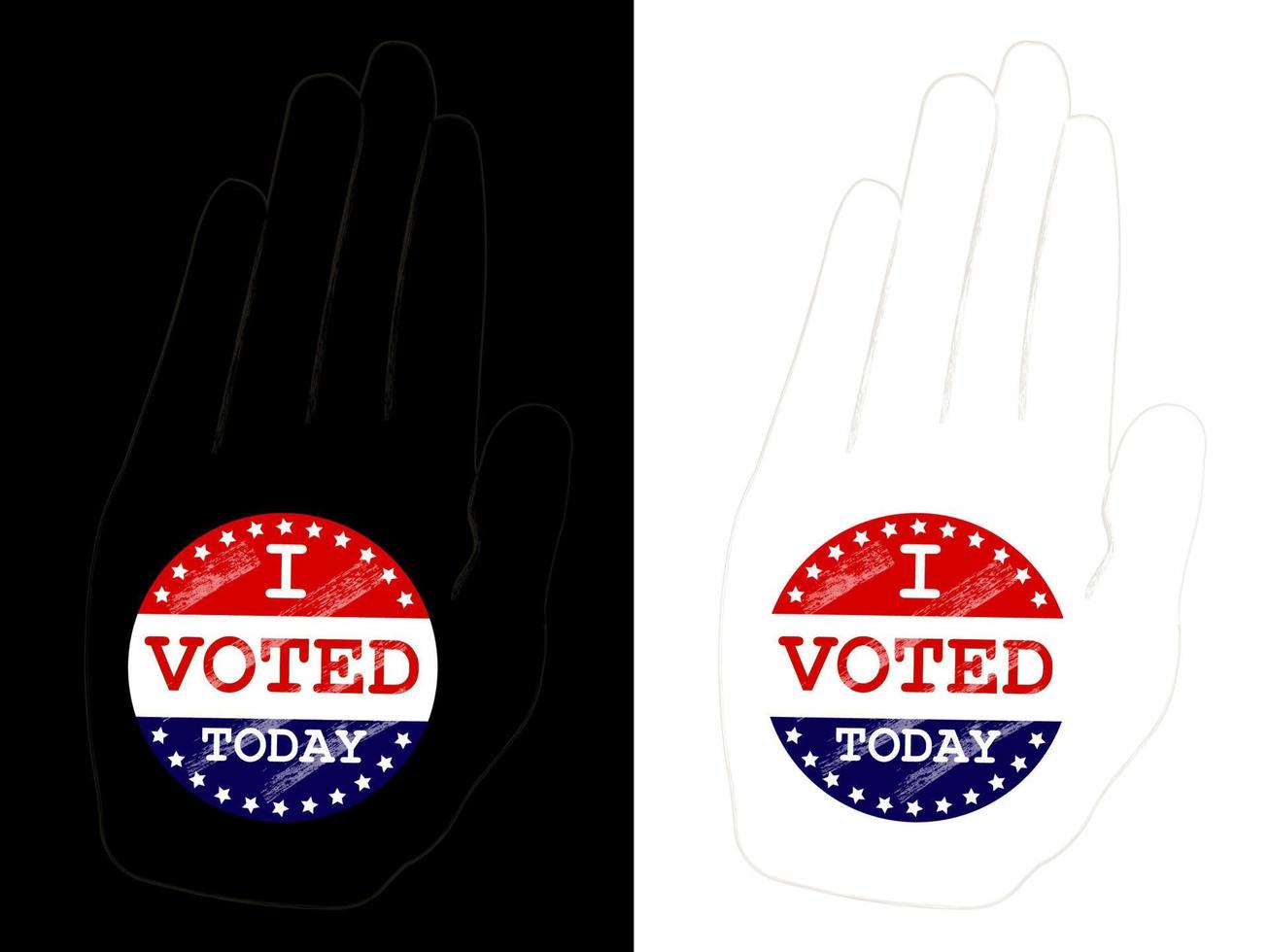 Palm on a white and black background with a sticker in the center with the inscription I voted today in grunge style close-up. Vector image.