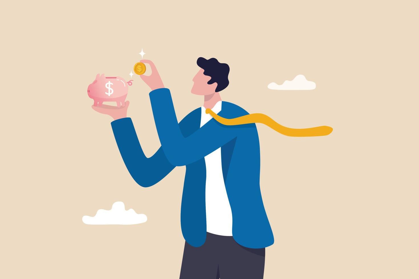 Saving money, investment or financial profit, earning growth, save money for future or wealth and deposit concept, businessman investor putting dollar money coin into piggy bank. vector