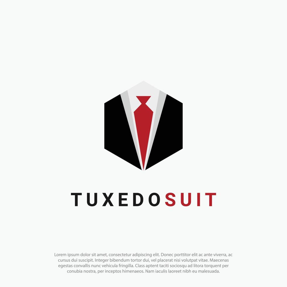 Man Suit Fashion Brand Logo in hexagonal shape tie and tuxedo logo design vector