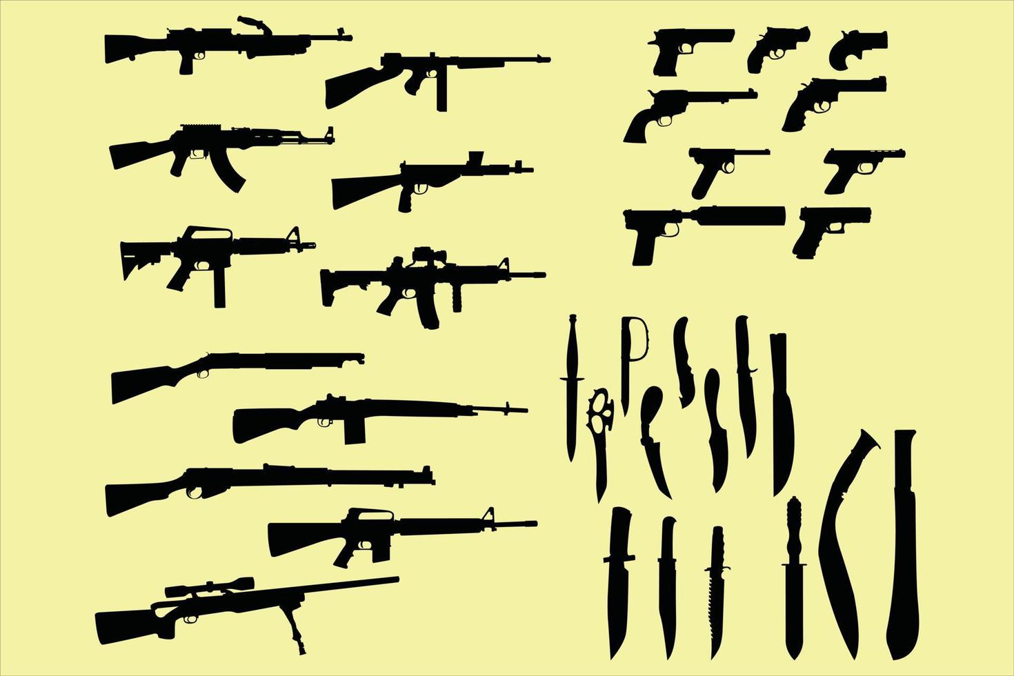 varios tipos de armas de soldados de guerra, con imágenes de silueta vector