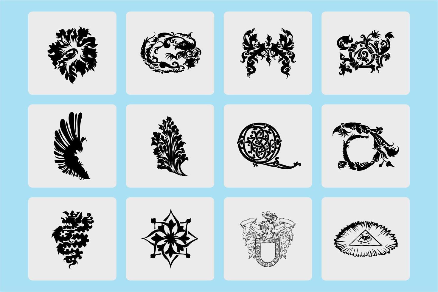 various designs of hero tattoo images. draw eyes, stars, dragons and other symbols vector