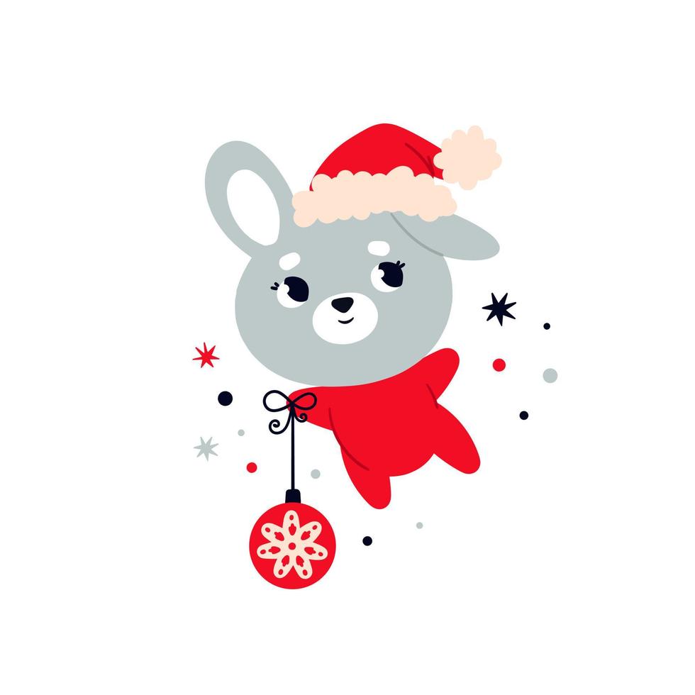 Cute New Year's bunny is a symbol of the year. A hare in a red Santa hat and a Christmas balloon vector