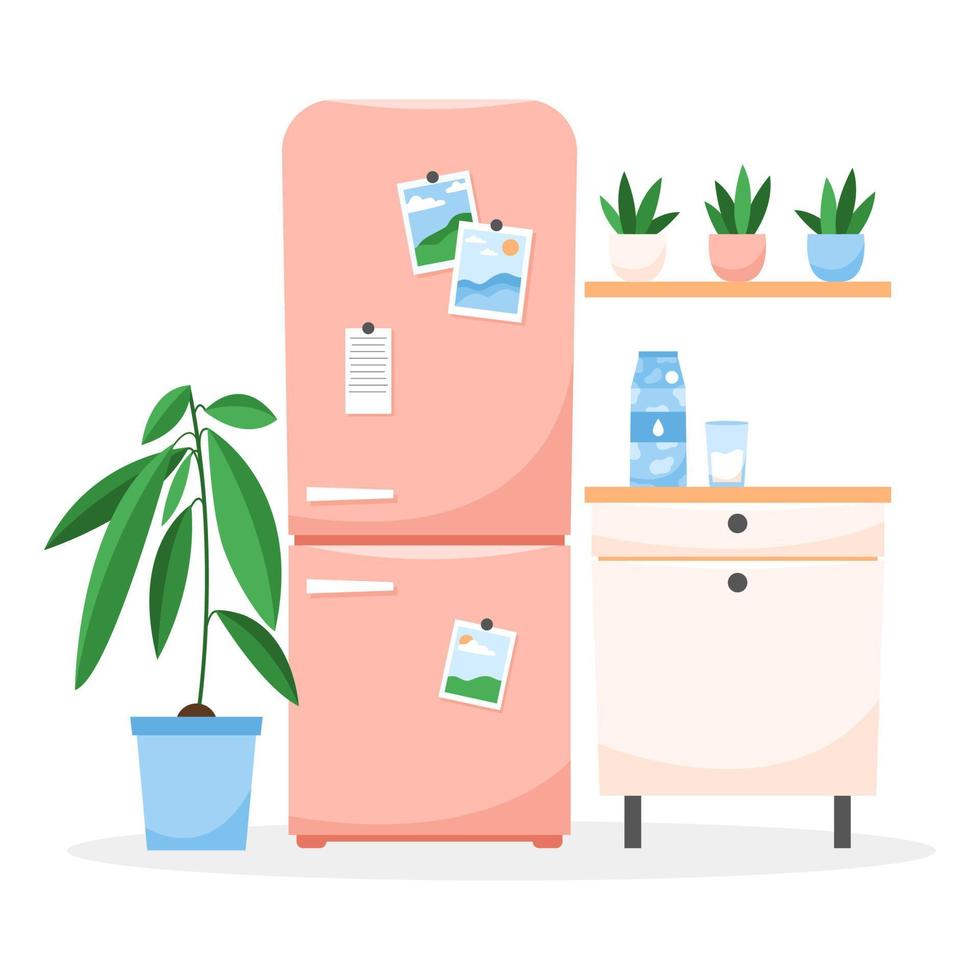 interior de cocina moderna con muebles, nevera y plantas en macetas. ilustración vectorial plana aislada sobre fondo blanco. vector