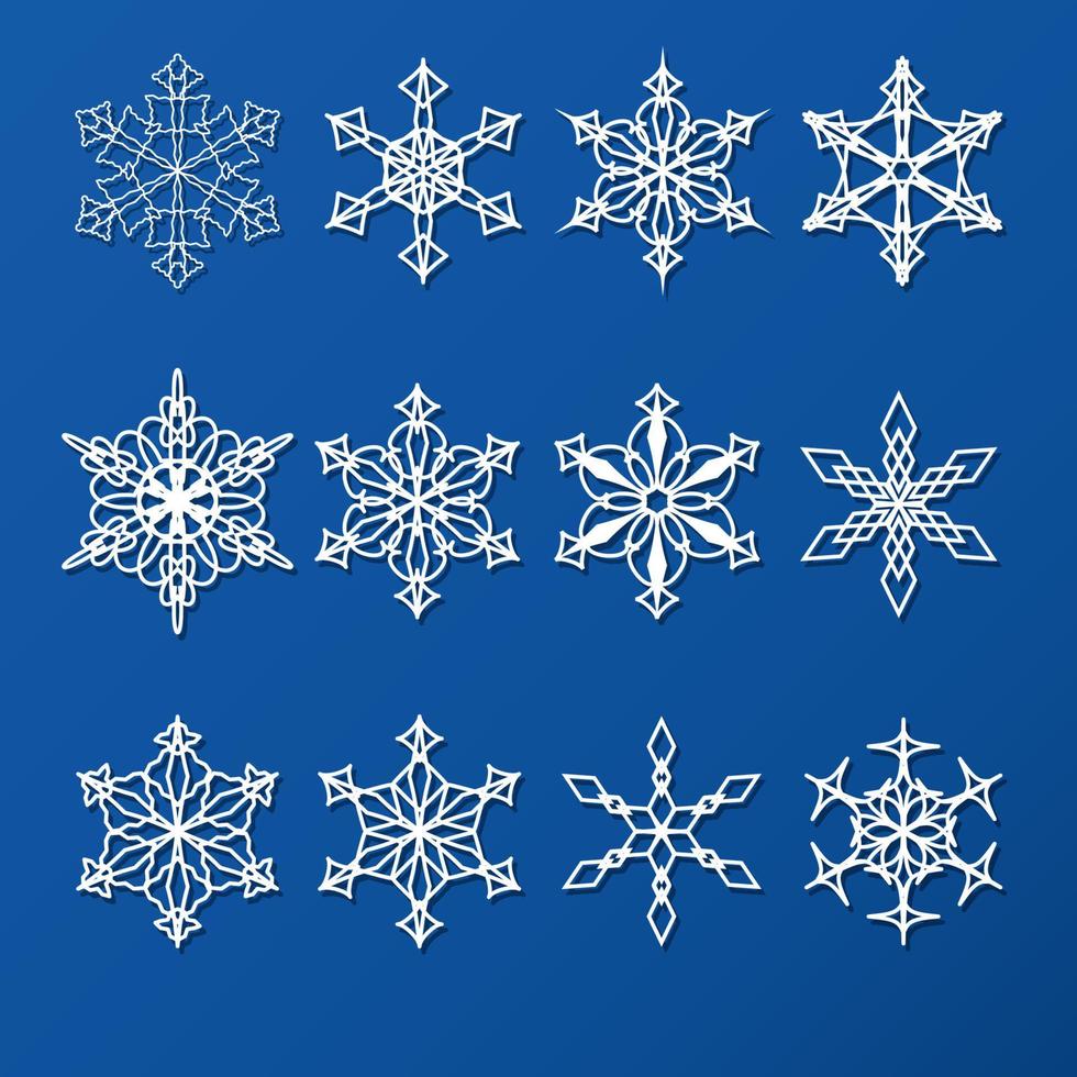 conjunto de copos de nieve, tejido de encaje. ilustración vectorial de patrones de invierno vector