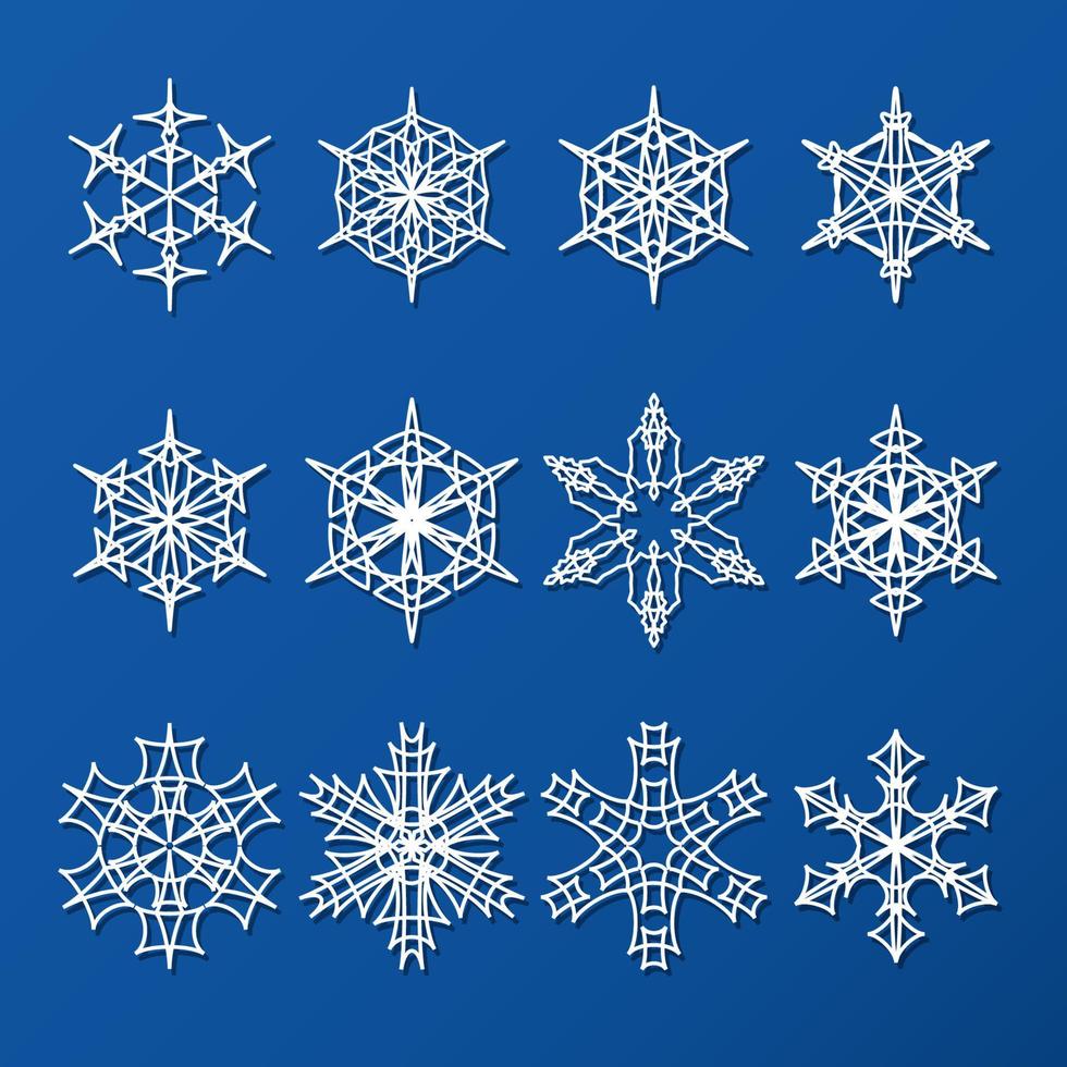 conjunto de copos de nieve, tejido de encaje. ilustración vectorial de patrones de invierno vector