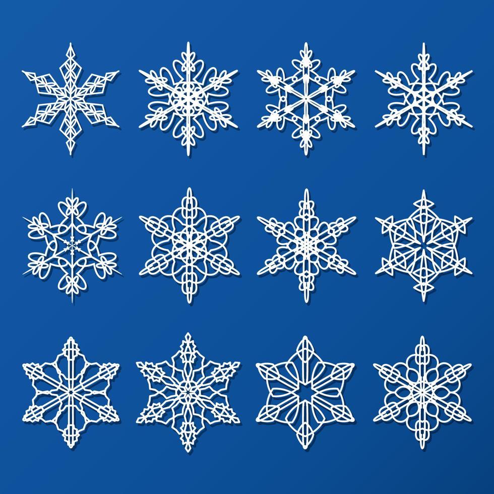 Set of snowflakes, lace weaving. Vector illustration of winter patterns