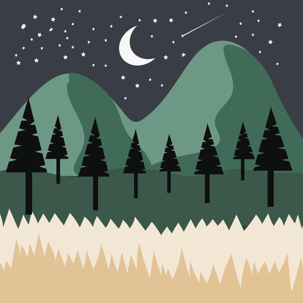 montañas por la noche en el bosque paisaje verde y cielo estrellado. fondo de la naturaleza. ilustración vectorial vector