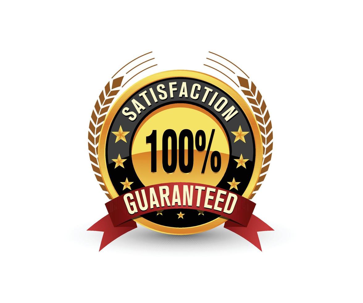 100 percent satisfaction guarantee vector gold badge with red ribbon, stars and satisfaction text around.