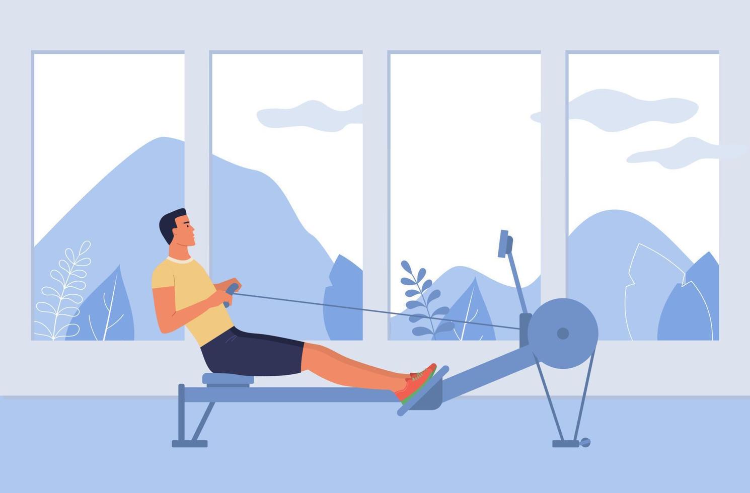 A young man is engaged in a rowing simulator. Vector illustration, side view in flat design style.