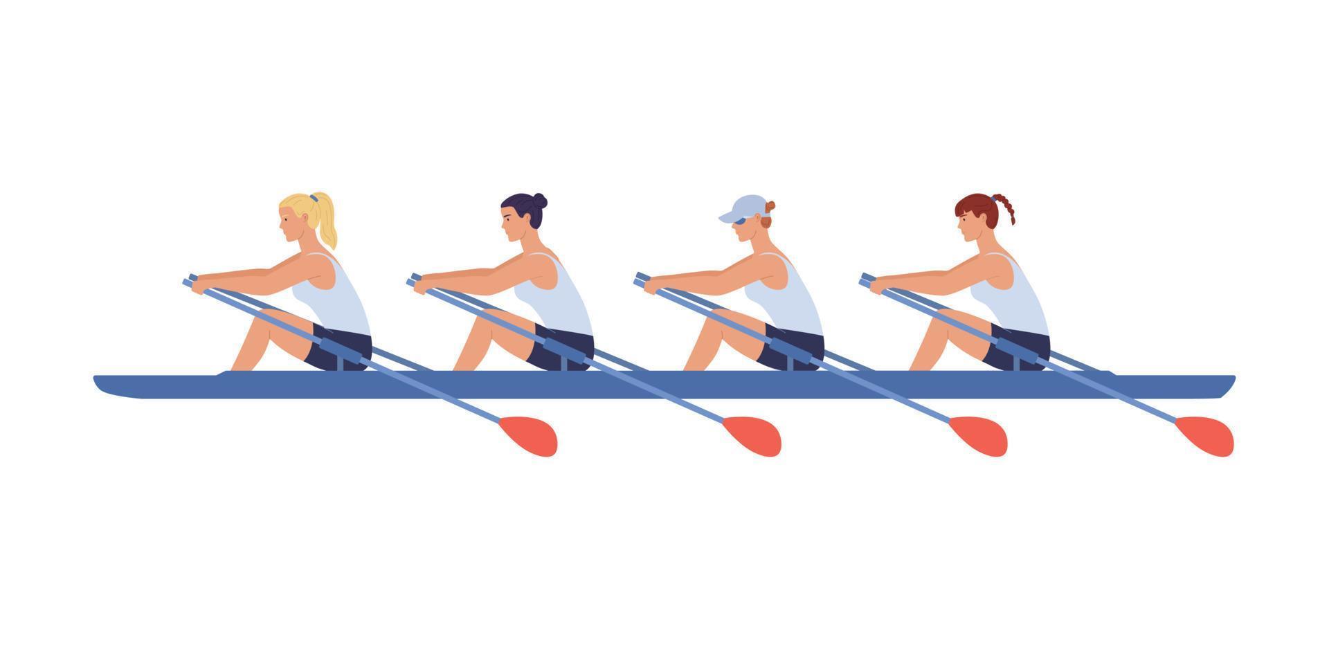 cuatro atletas femeninas nadan en un bote. concepto de competiciones de remo académico femenino. ilustración vectorial en estilo de diseño plano. vector