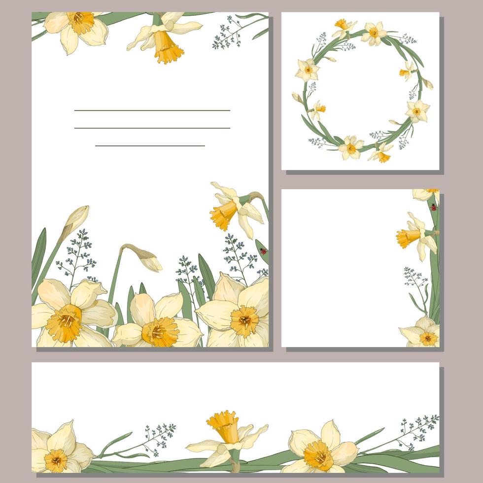 A set of cards with flowers. Daffodils, leaves, and twigs for your summer design. vector