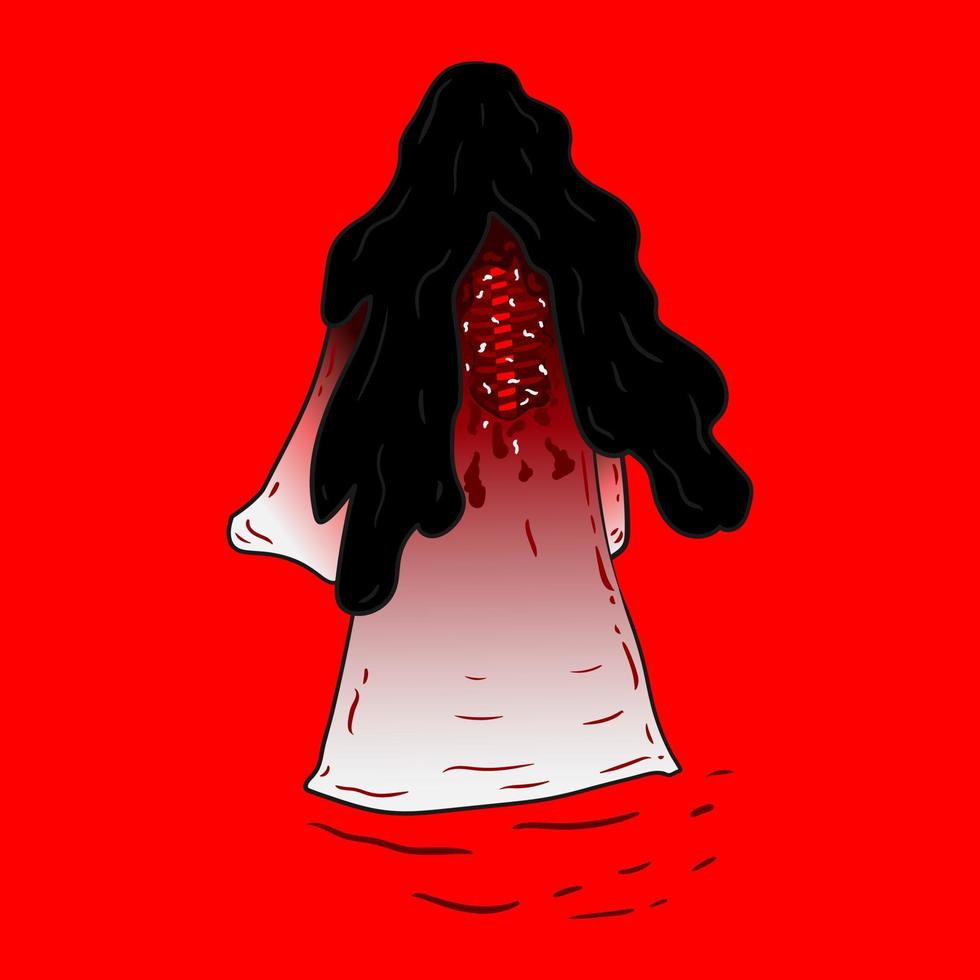 Vector illustration of a traditional Indonesian ghost named Sundel bolong on a red background