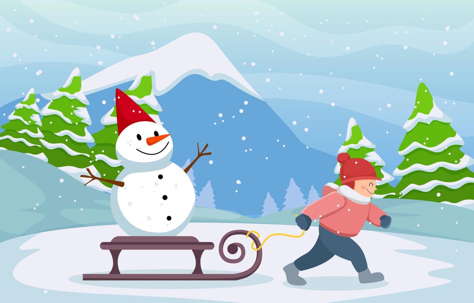Winter Activity Background with Little Boy Pulling Sled in Winter vector