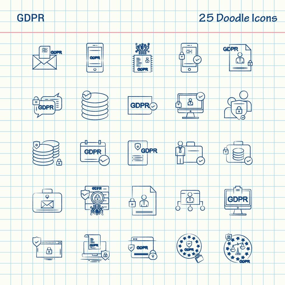 GDPR 25 Doodle Icons Hand Drawn Business Icon set vector