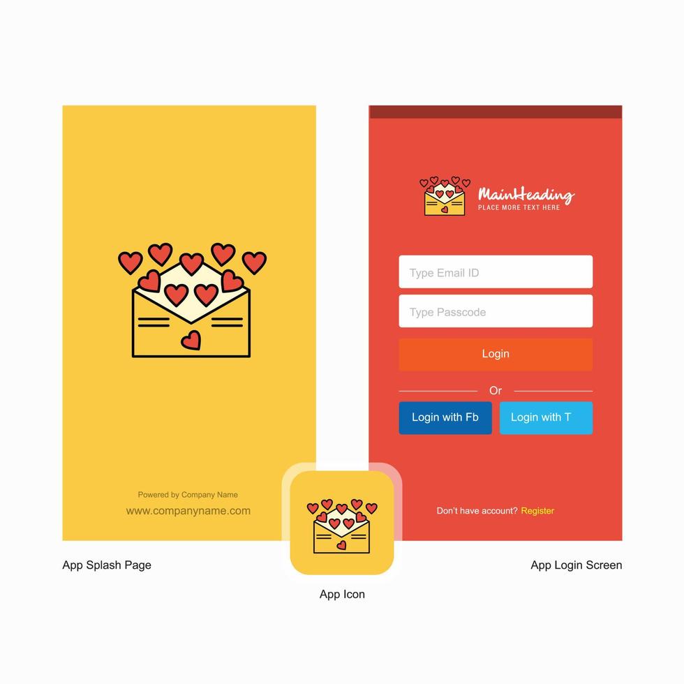 Company Love letter Splash Screen and Login Page design with Logo template Mobile Online Business Template vector