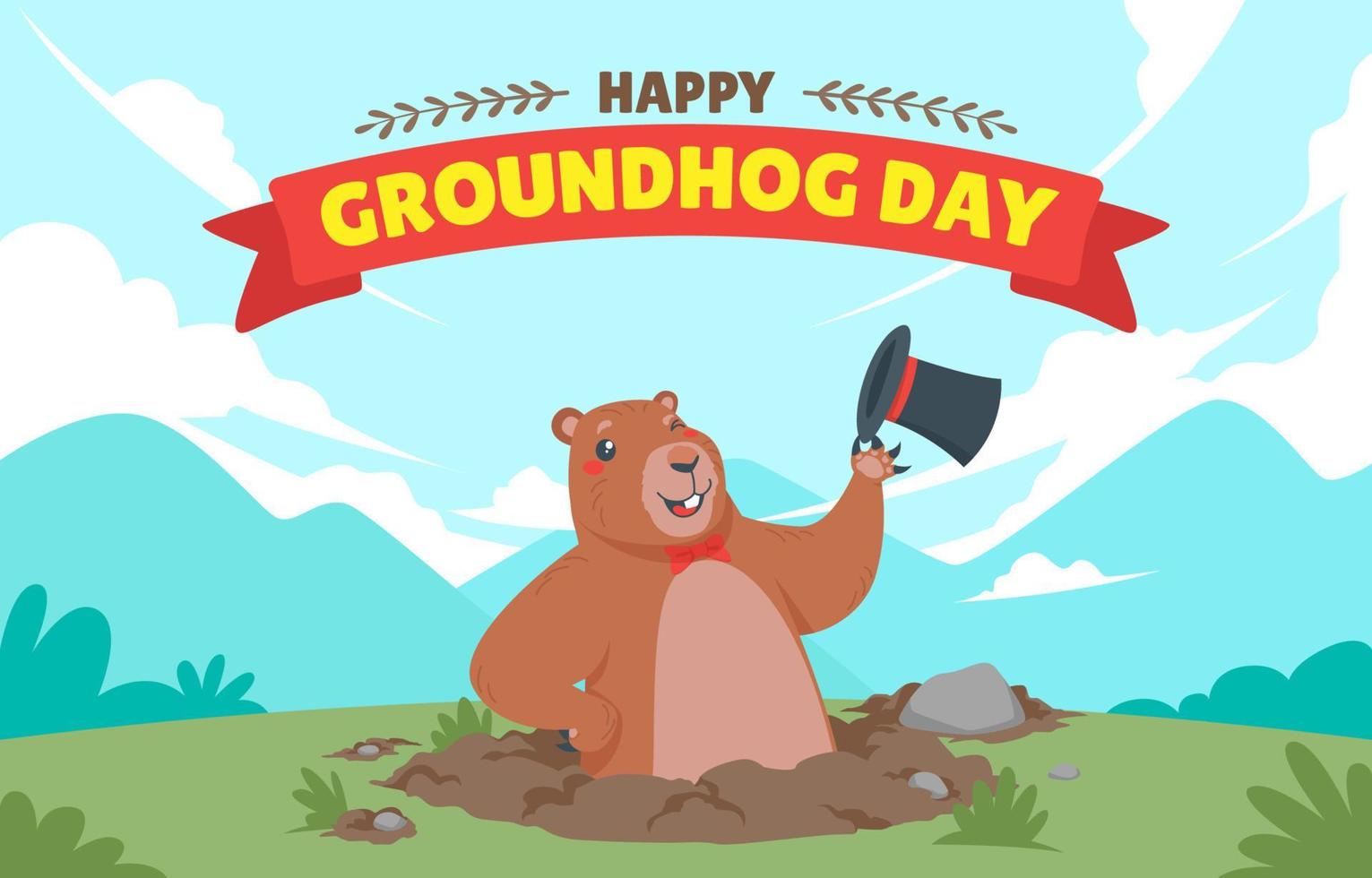 Cute Groundhog Emerges from the Ground with Hats Off Pose vector