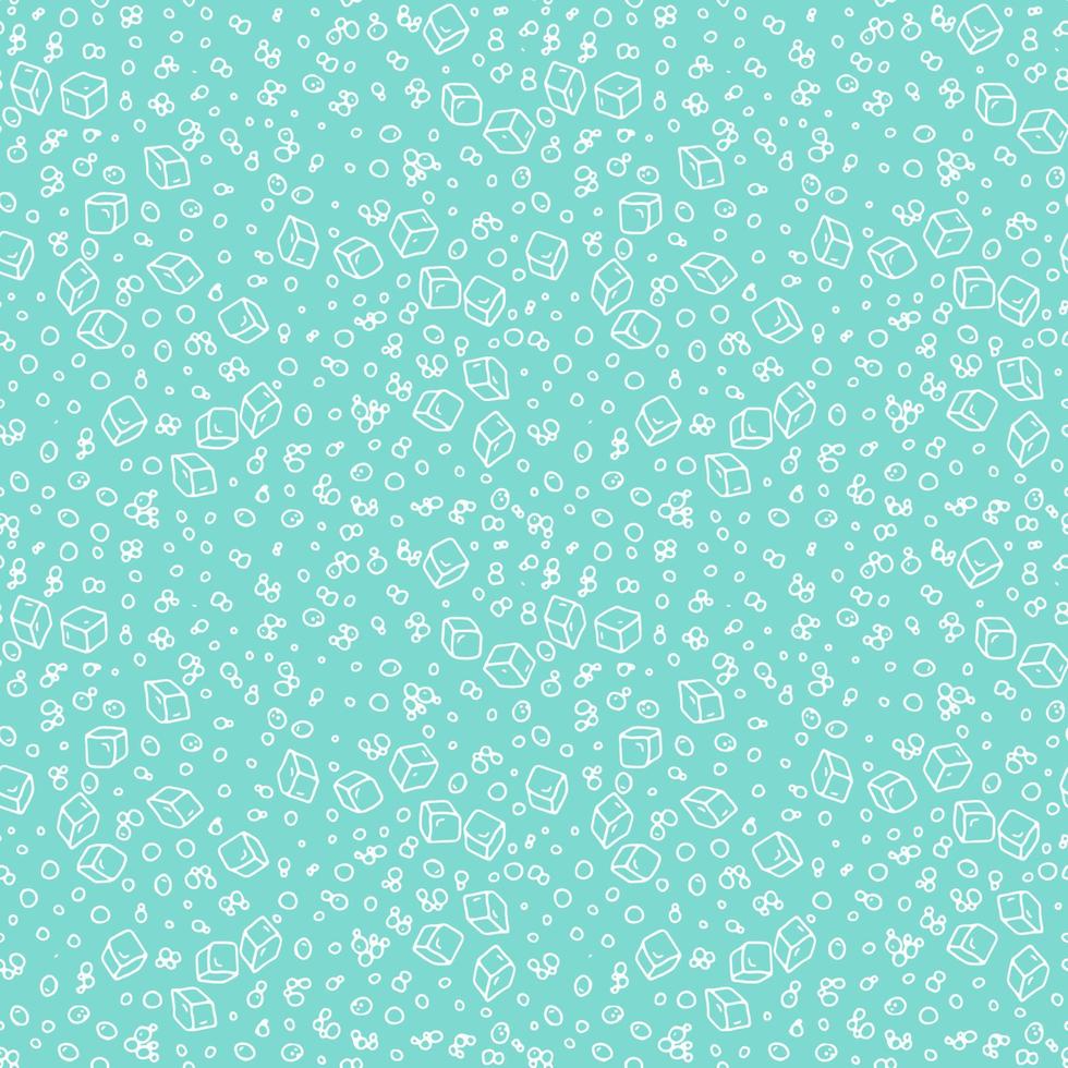 Vector seamless pattern with hand drawn bubbles and ice cubes randomly placed on blue background. Simple funny repeatable backdrop.