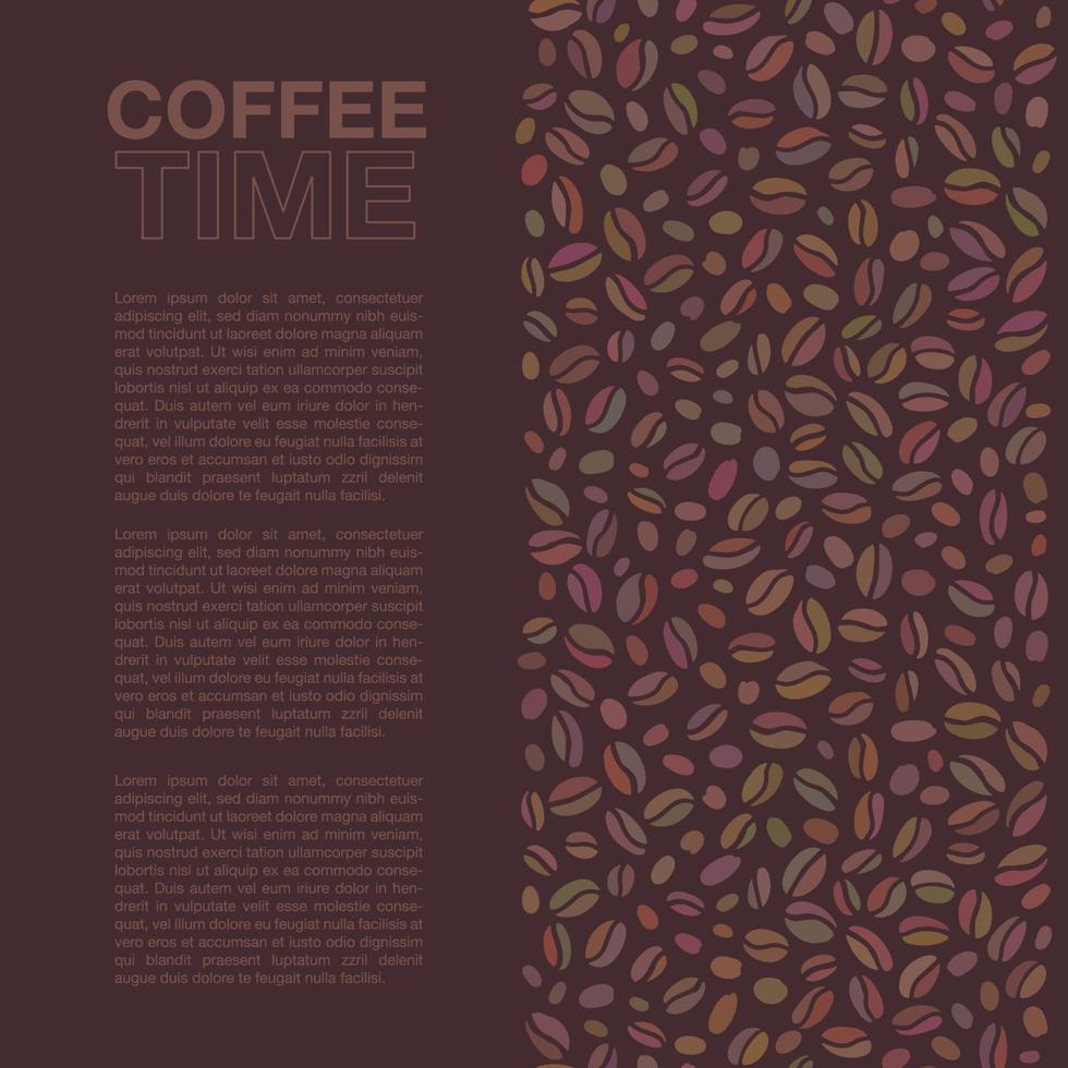 Hand drawn vertical banner with seamless border pattern for marketing campaign, advertising, promotions. Colored coffee beans and Coffee time lettering in the center with text boxes. vector