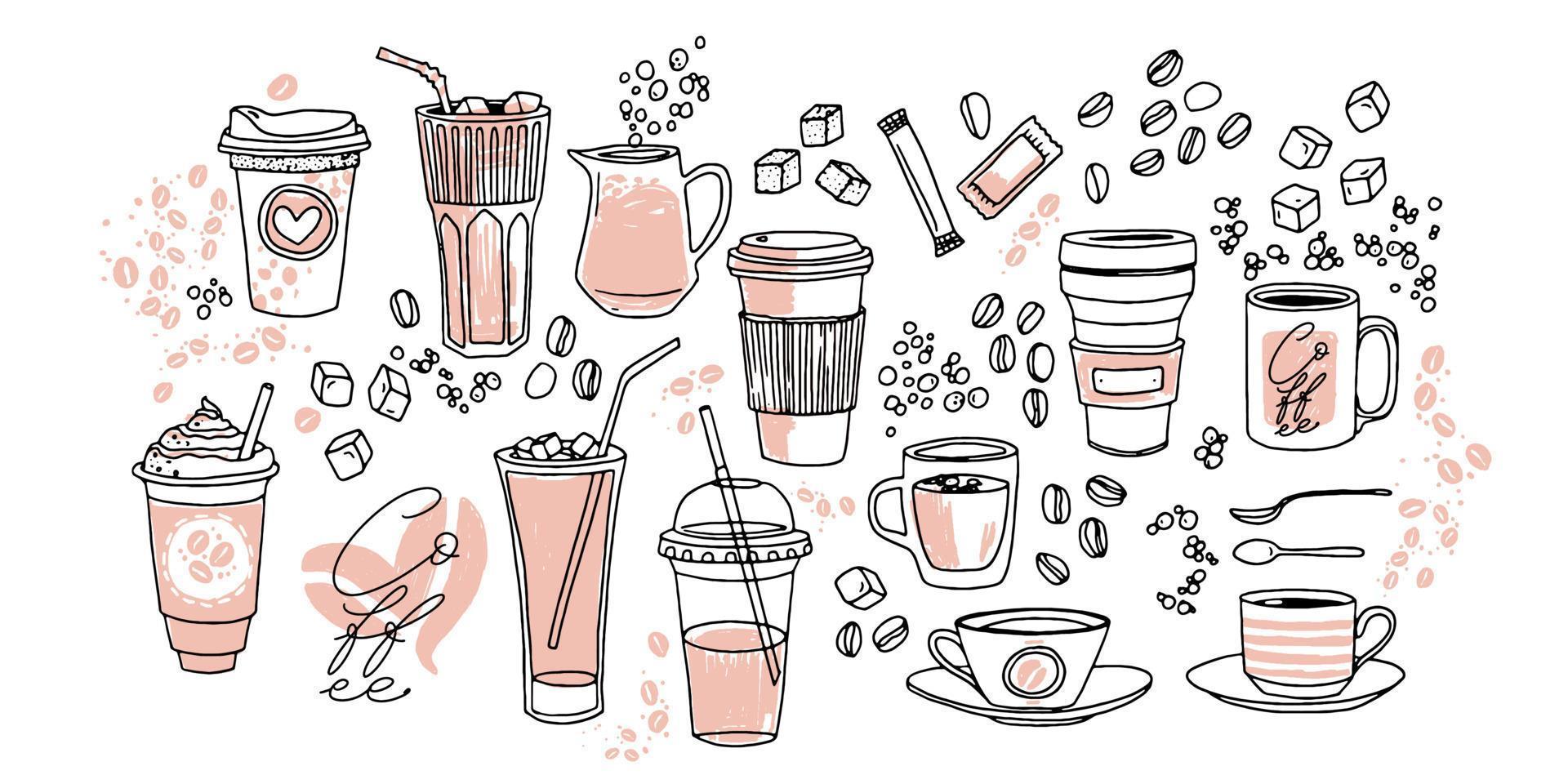 Coffee cups hand drawn vector illustration set. Various cups sketch style drawn collection with sugar, spoons, bubbles and coffee beans. Hand drawn linear graphic assets.