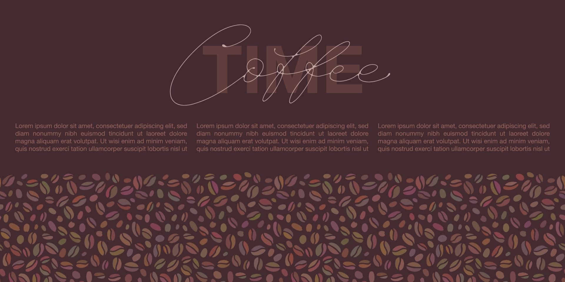 Hand drawn horizontal banner with seamless border pattern for marketing campaign, advertising, promotions. Colored coffee beans and Coffee time lettering in the center with text boxes. vector