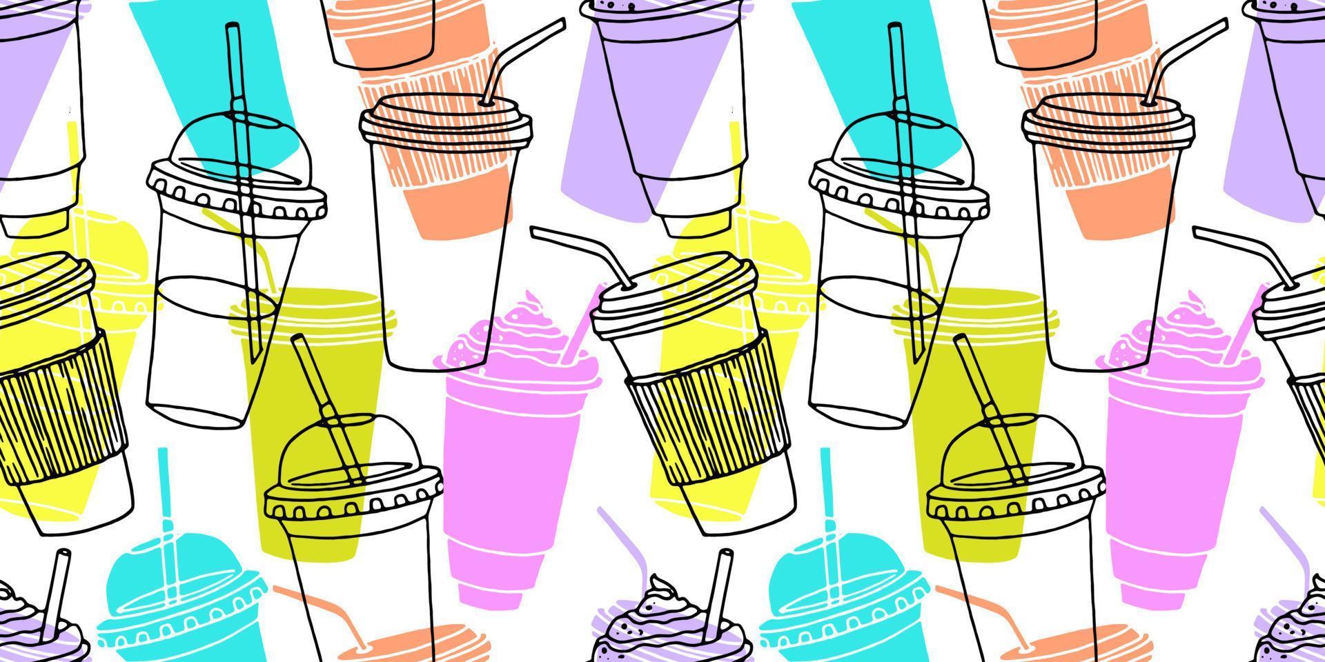 Hand drawn seamless pattern with coffee cups various shapes with drinking straws. Bright funny background. vector