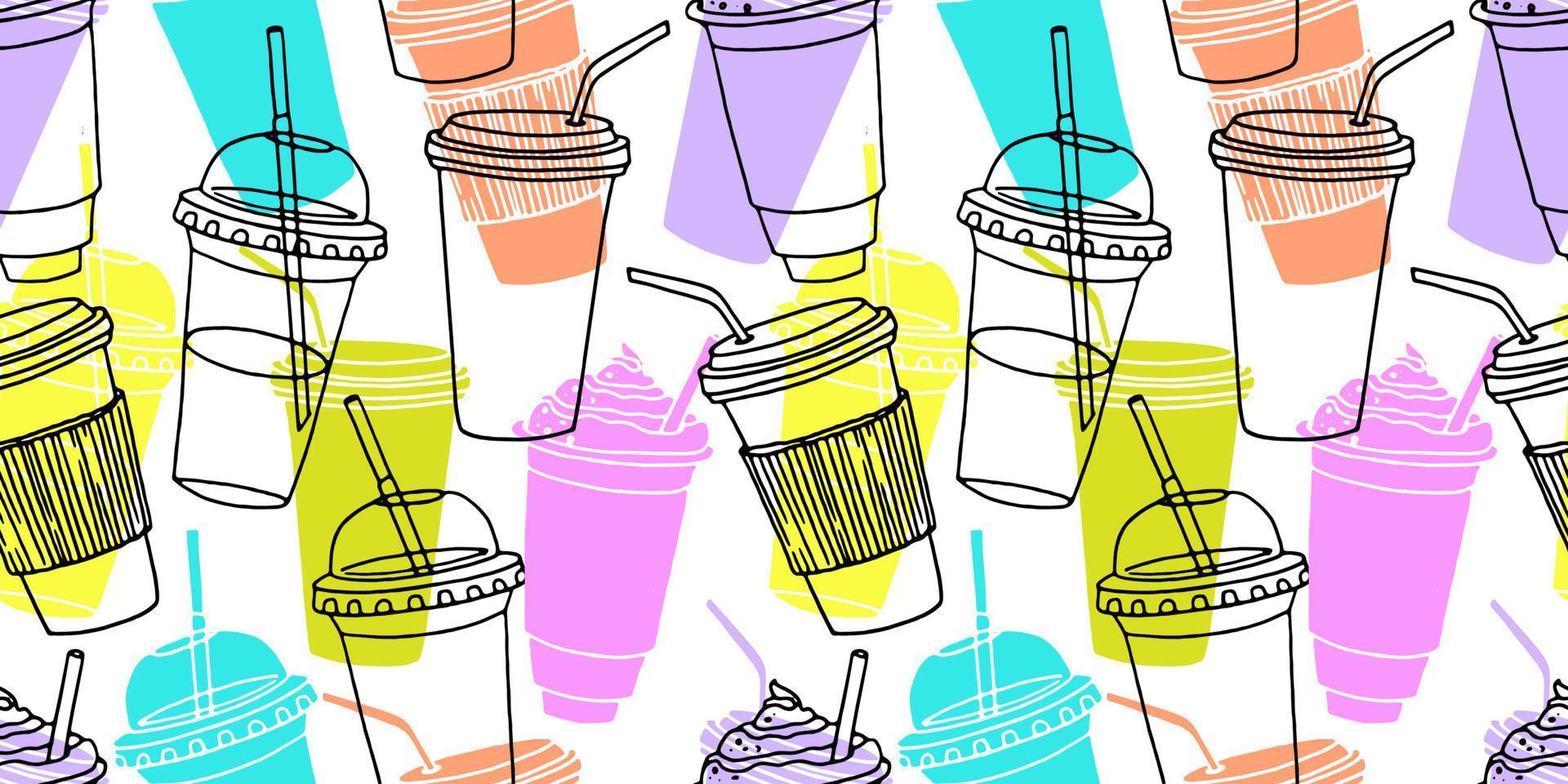 Hand drawn seamless pattern with coffee cups various shapes with drinking straws. Bright funny background. vector