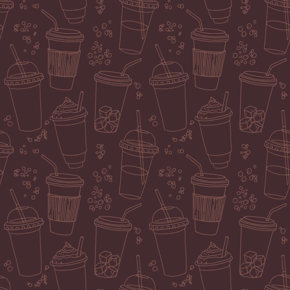 Hand drawn seamless pattern with coffee cups various shapes with drinking straws. Dark repeatable background. vector