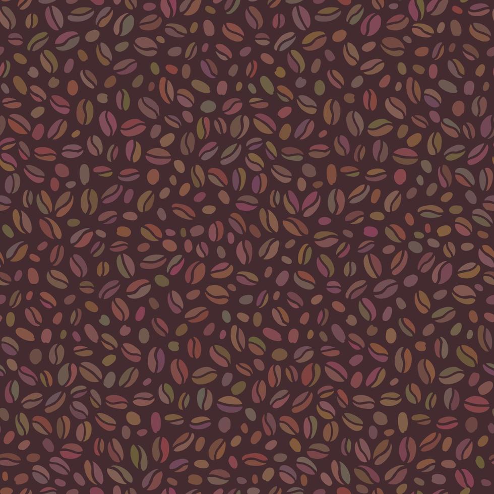 Coffee beans seamless pattern. Hand drawn colorful seeds of coffee randomly placed on brown background. vector