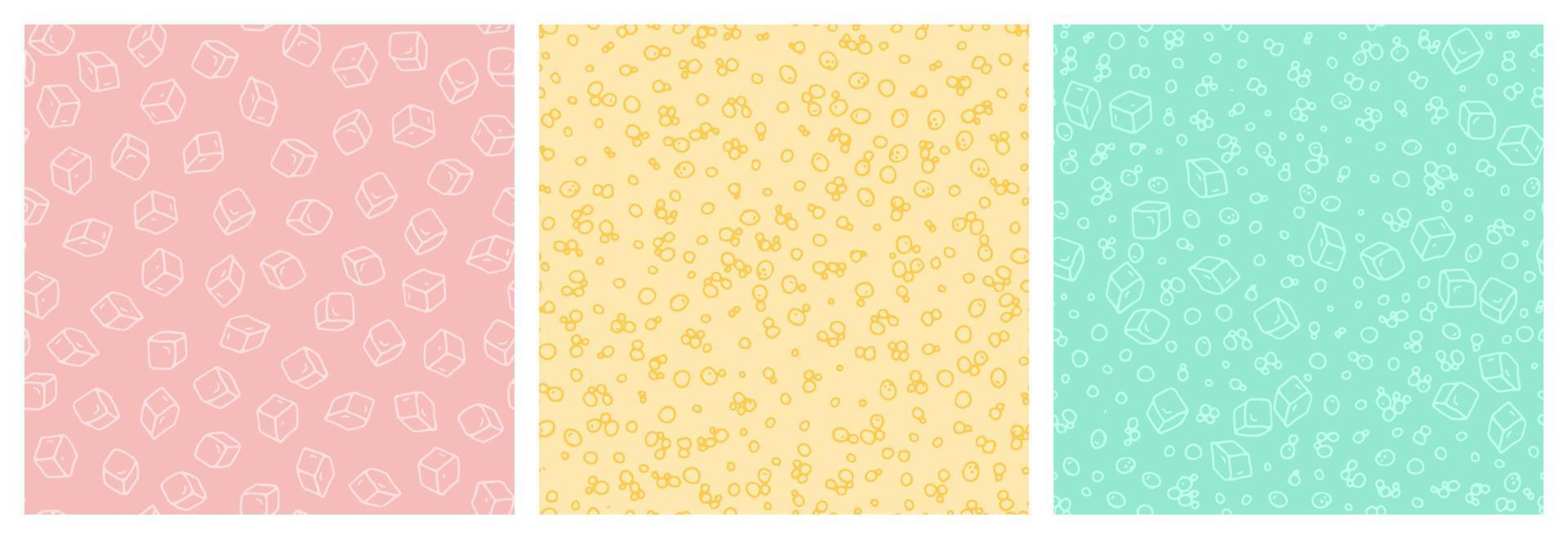 Vector seamless pattern set with hand drawn bubbles and ice cubes randomly placed on bright background. Simple funny repeatable backdrops.
