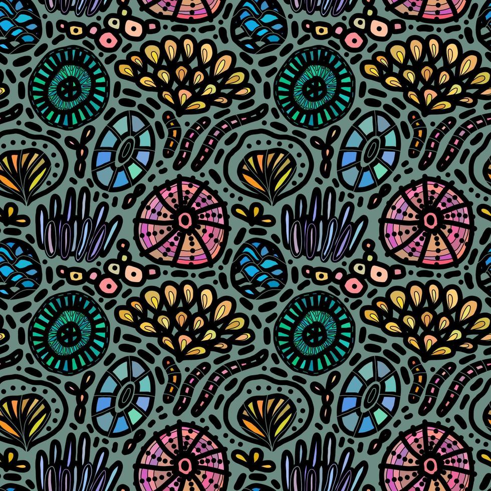 Hand drawn underwater natural ocean elements as a background. Seamless pattern with hand-drawn corals, sea urchins, sea weeds and jellyfish . Vector repeatable backdrop.