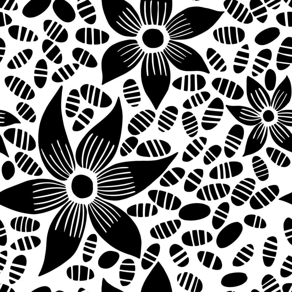 Vector seamless pattern with drawing flowers and seeds, monochrome artistic botanical illustration. Floral monochrome background.